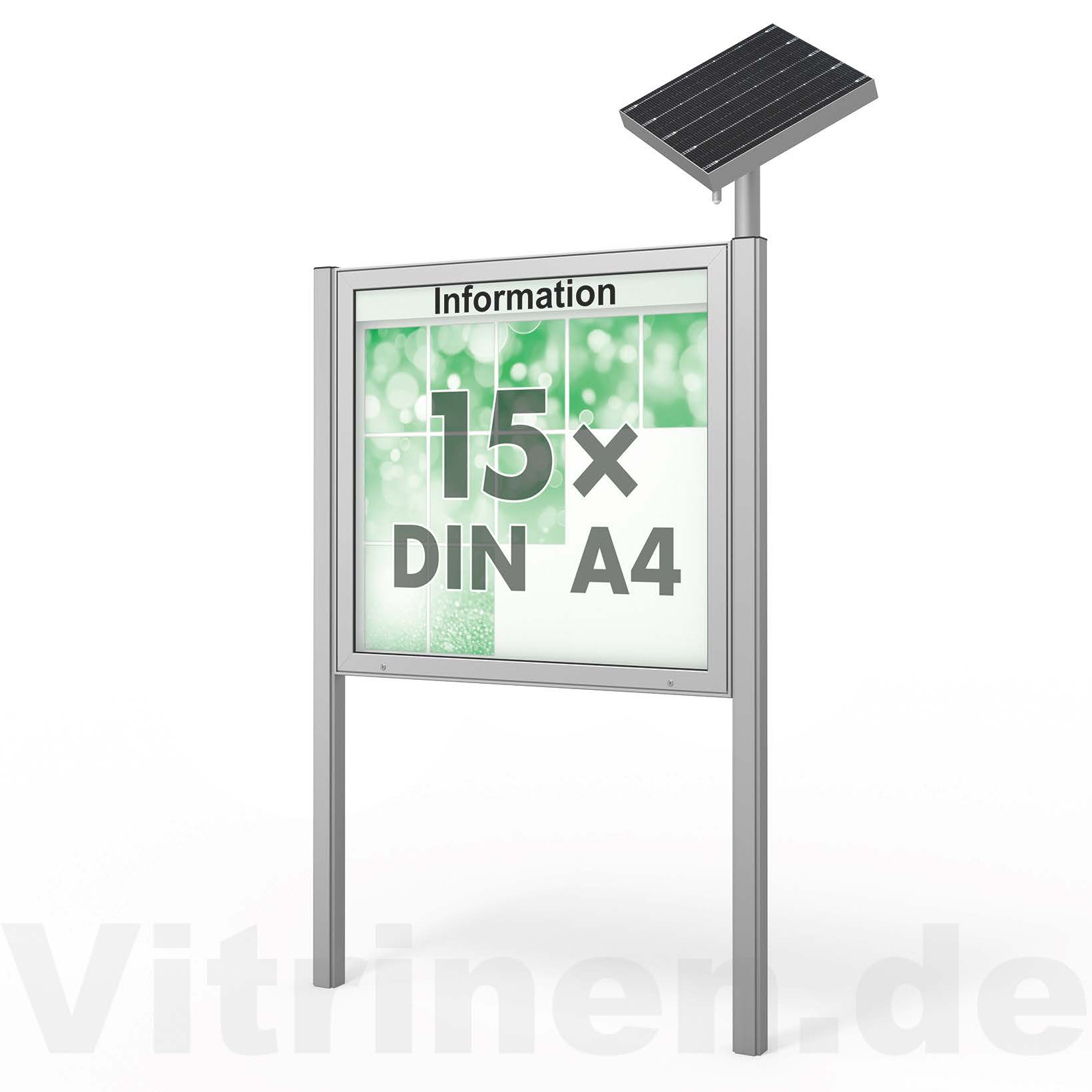 15 x DIN A4 Schaukasten Plenum eckig - der "Klassiker" mit Solar-Modul und Pfosten - Bautiefe 210mm