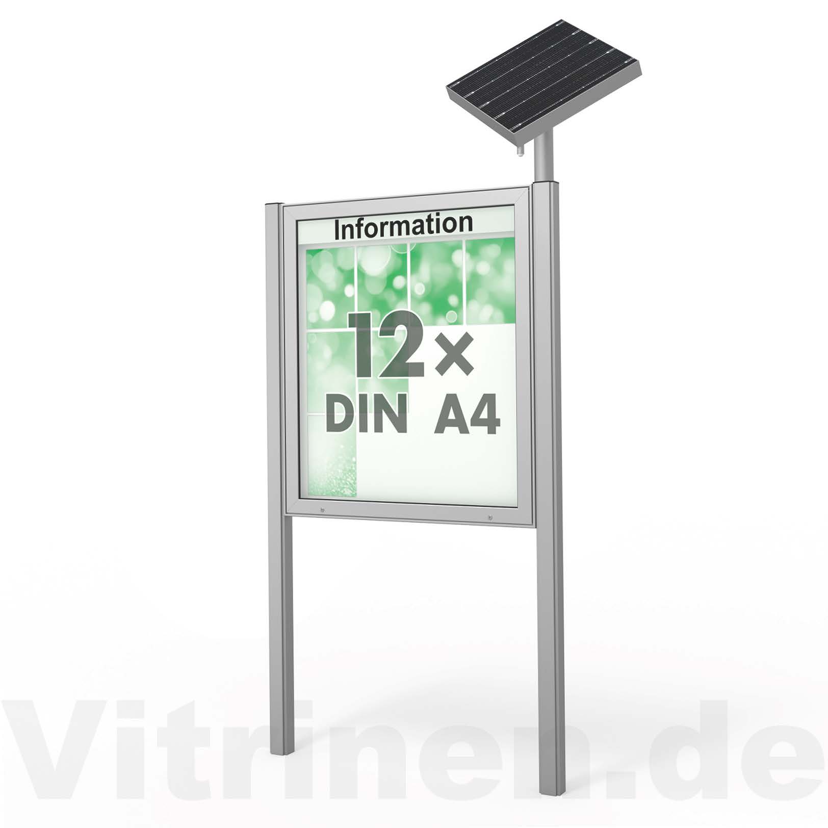 12 x DIN A4 Schaukasten Plenum eckig - der "Klassiker" mit Solar-Modul und Pfosten - Bautiefe 210mm